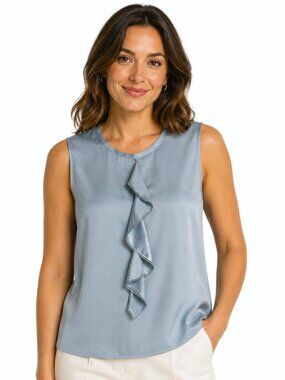 Tonet Blue Italian Silk Cascade Trim Sleeveless Top NWT